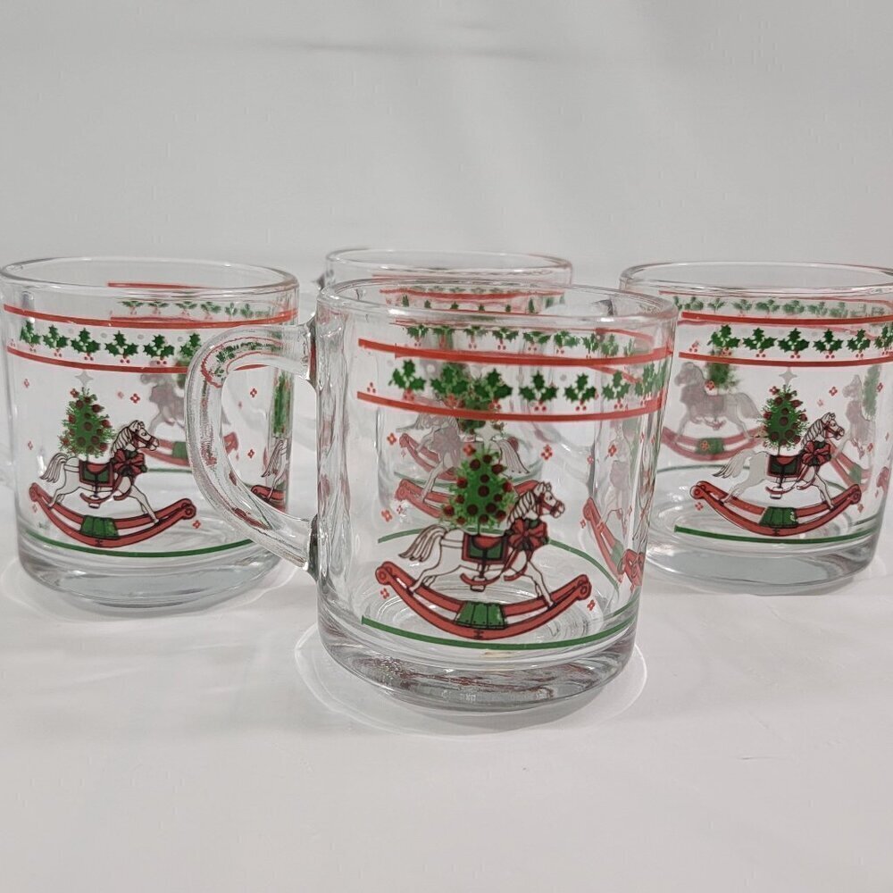 Anchor Hocking Christmas Memories Holly Rocking Horse Drink Glasses - Set of 4